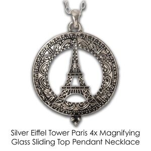 Silver Eiffel Tower Paris 4x Magnifying Glass Sliding Top Pendant Necklace